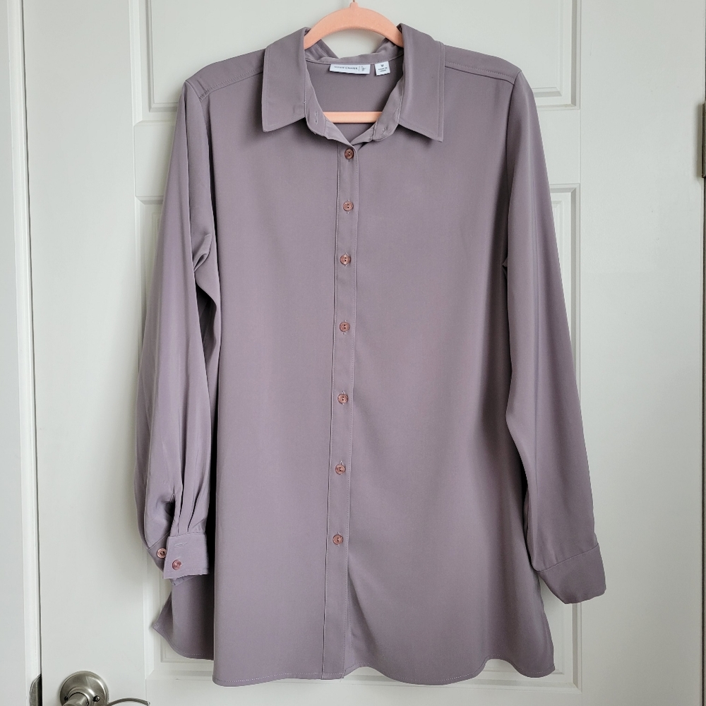 Susan Graver Taupe Lightweight Shirt/Shacket.  Slightly Oversized M  EUC